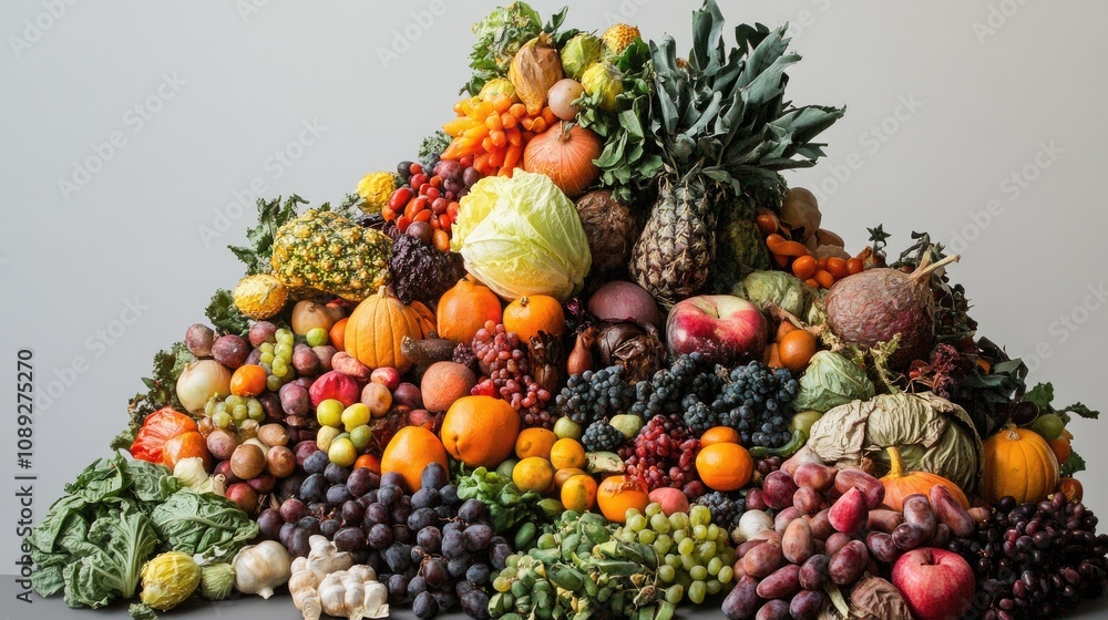 Vibrant display of diverse fruits and vegetables, showcasing a creative cascade of food waste art and its ecological benefits Vibrant display of diverse fruits and vegetables, showcasing a creative cascade of food waste art and its ecological benefits