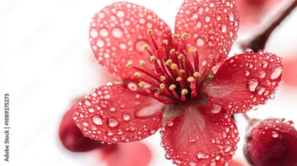 Vibrant red flower with dewdrops highlighting beauty and freshness, beautifully contrasted against a soft white background. Vibrant red flower with dewdrops highlighting beauty and freshness, beautifully contrasted against a soft white background.