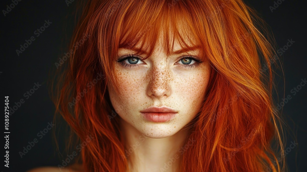 Portrait of a girl with striking red hair, captivating blue eyes, and a sprinkle of freckles across her expressive face against a dark background. Portrait of a girl with striking red hair, captivating blue eyes, and a sprinkle of freckles across her expressive face against a dark background.
