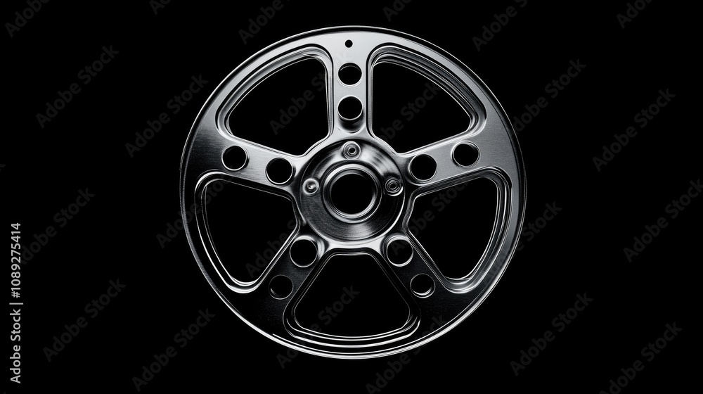 Obraz premium Film reel icon featuring an unspooled 8mm filmstrip against a sleek black background, highlighting its detailed metallic finish and classic design.