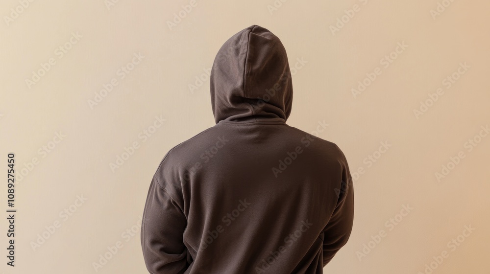 A person in a hoodie facing away from a plain background. A person in a hoodie facing away from a plain background.