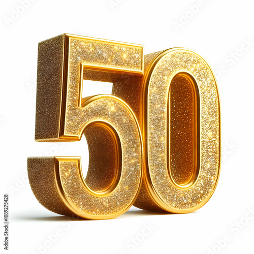 Golden 3d number 50 in glitter texture isolated on white background