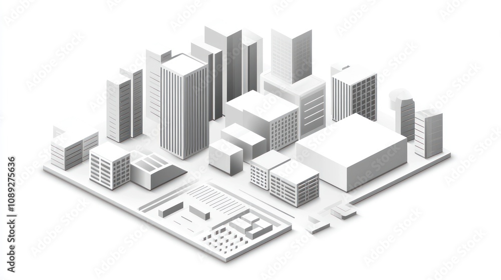 A minimalist 3D cityscape model featuring various buildings and structures. A minimalist 3D cityscape model featuring various buildings and structures.