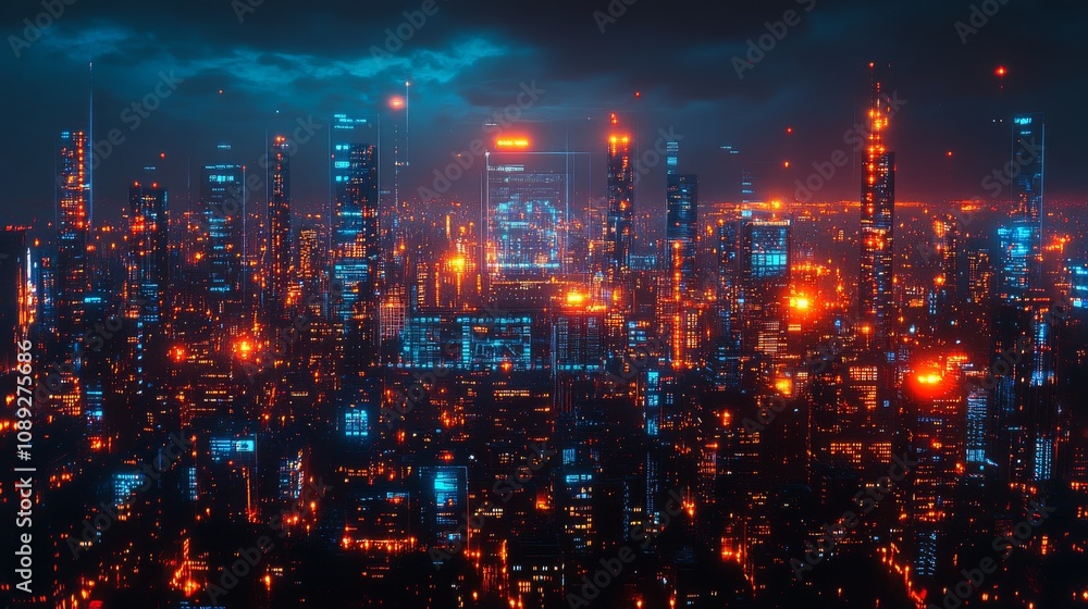 Engineers working at night with an illuminated city skyline in the background Engineers working at night with an illuminated city skyline in the background