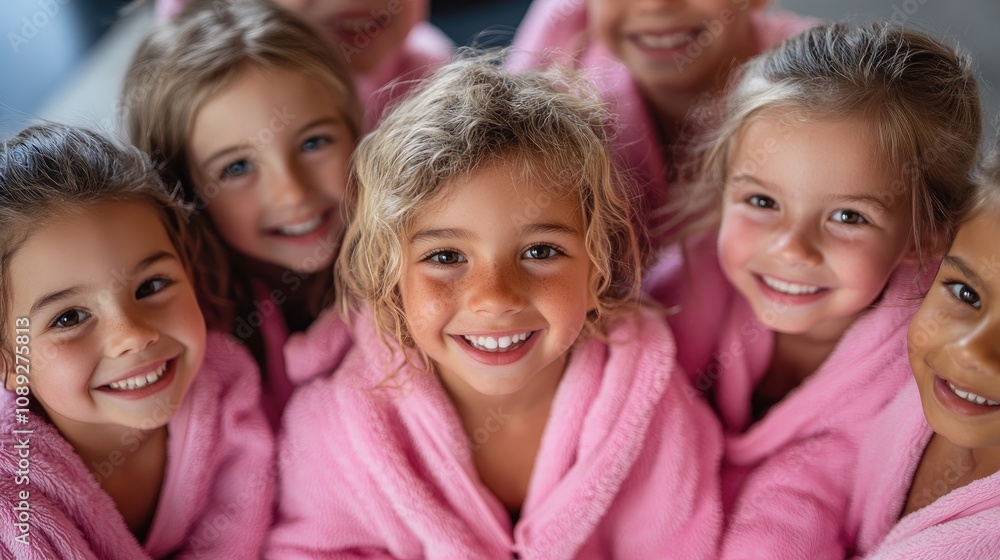 Group of joyful young girls wearing fluffy pink robes gathered in a close circle, smiling and sharing a fun moment together. Group of joyful young girls wearing fluffy pink robes gathered in a close circle, smiling and sharing a fun moment together.