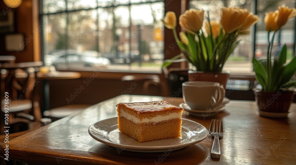 Delicious coffee cake slice on a plate in a warm cafe with blooming flowers and a coffee cup, creating a cozy ambiance. Delicious coffee cake slice on a plate in a warm cafe with blooming flowers and a coffee cup, creating a cozy ambiance.