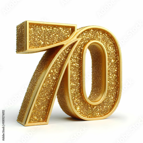 Golden 3d number 70 in glitter texture isolated on white background photo