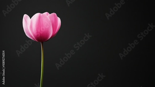 Delicate pink cyclamen flower gracefully positioned against a stark black background, creating a striking contrast with ample empty space. photo