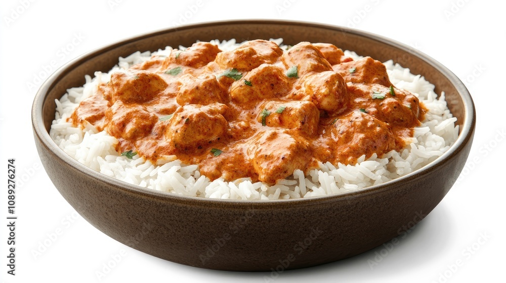 Chicken tikka masala atop fluffy white rice in a deep brown bowl, highlighting a classic and flavorful dish from Indian cuisine. Chicken tikka masala atop fluffy white rice in a deep brown bowl, highlighting a classic and flavorful dish from Indian cuisine.