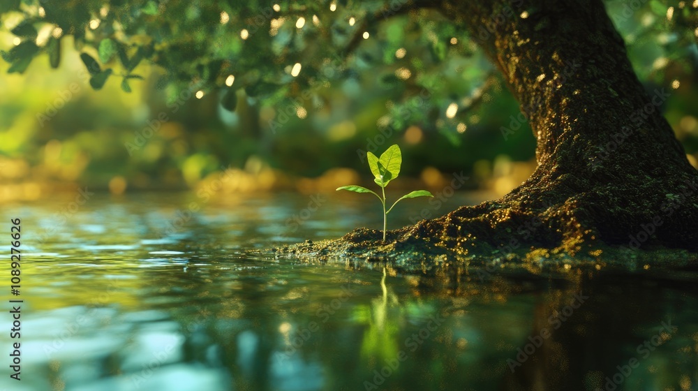 A Tender Seedling Growing Near the Base of a Lush Tree While Surrounded by Calm Waters and Gentle Sunlight A Tender Seedling Growing Near the Base of a Lush Tree While Surrounded by Calm Waters and Gentle Sunlight