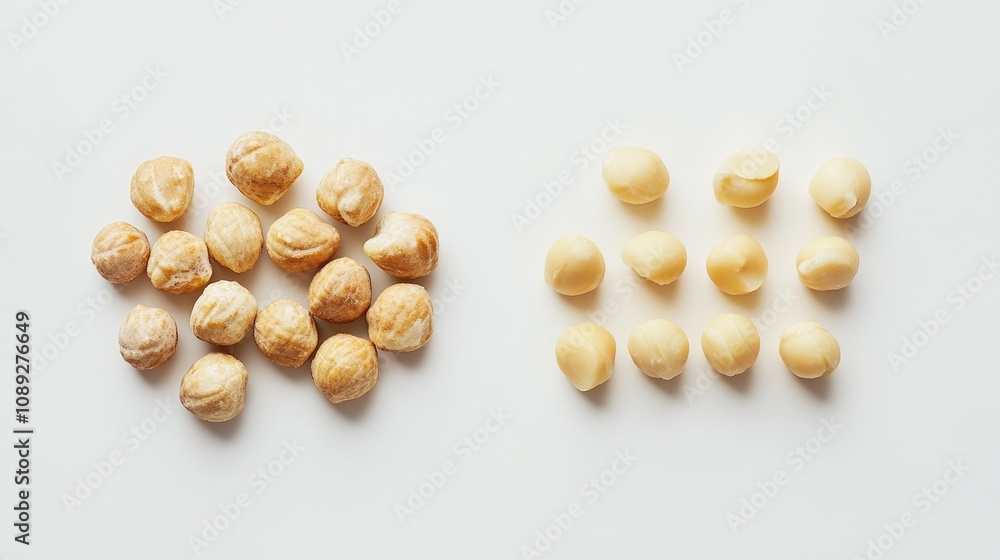 Macadamia nuts displayed in two groups, one with unshelled nuts featuring brown, rough exteriors, and the other with shelled, smooth, creamy white nuts on a white background. Macadamia nuts displayed in two groups, one with unshelled nuts featuring brown, rough exteriors, and the other with shelled, smooth, creamy white nuts on a white background.