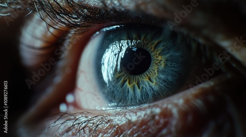 Close-up of an elderly eye showcasing a weathered grey-blue iris, illuminated by soft lighting, revealing intricate details and texture.