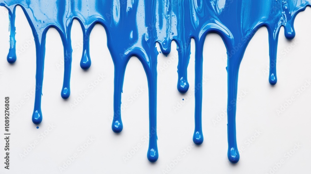 Vibrant blue paint drips cascading down against a clean white background, highlighting the glossy texture and fluid motion of the paint. Vibrant blue paint drips cascading down against a clean white background, highlighting the glossy texture and fluid motion of the paint.