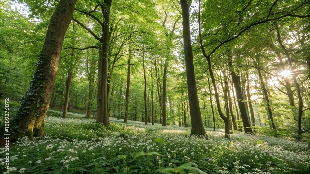 Dense forest canopy with sunlit undergrowth and trees of varying sizes, natural scenery, woodland atmosphere Dense forest canopy with sunlit undergrowth and trees of varying sizes, natural scenery, woodland atmosphere