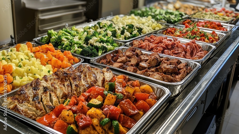Buffet catering display with an array of colorful vegetables and assorted meats arranged in trays, showcasing a variety of dishes and garnishes. Buffet catering display with an array of colorful vegetables and assorted meats arranged in trays, showcasing a variety of dishes and garnishes.