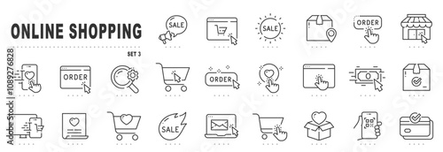 Set of online shopping related line icons. Commerce, payment, buy, shop, delivery, cart etc. Editable stroke. Set 3