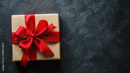 Elegant gift box wrapped in brown paper with a bright red ribbon and bow on a dark background, perfect for festive promotions and decorative displays.