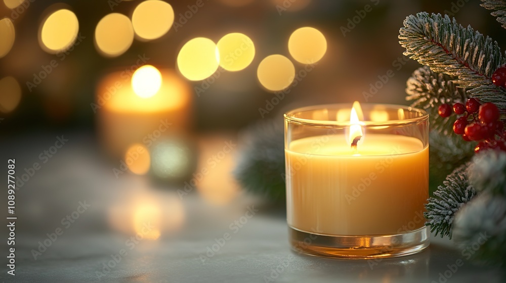Warm candlelight with festive decor and soft bokeh background Warm candlelight with festive decor and soft bokeh background