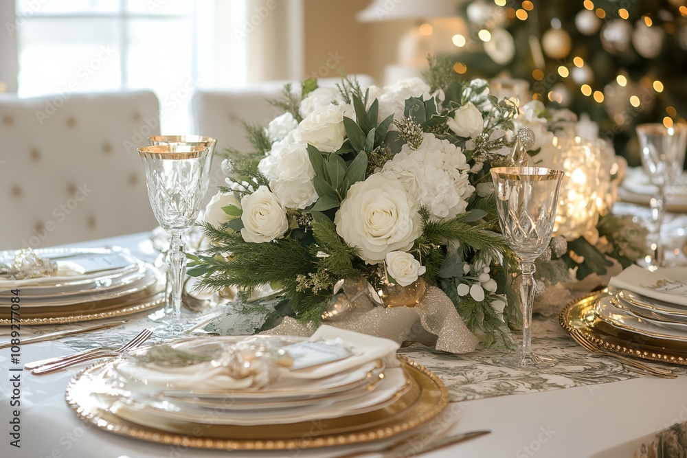 A table with a white tablecloth and a floral centerpiece. The table is set for a fancy dinner party A table with a white tablecloth and a floral centerpiece. The table is set for a fancy dinner party
