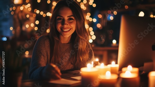 A young woman smiles while writing in a cozy, candlelit setting adorned with fairy lights.