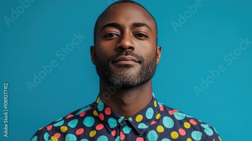 Stylish Man with a Beard in a Colorful Polka Dot Shirt Posing Confidently Against a Vibrant Blue Background