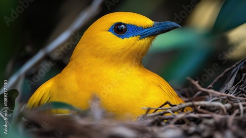 Vibrant yellow bowerbird perched gracefully, highlighting its striking blue facial features amidst a lush natural habitat. photo