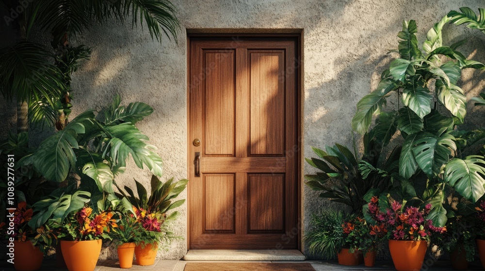 Welcoming entrance featuring a classic wooden door framed by lush potted plants and colorful flowers, creating a warm and inviting atmosphere. Welcoming entrance featuring a classic wooden door framed by lush potted plants and colorful flowers, creating a warm and inviting atmosphere.