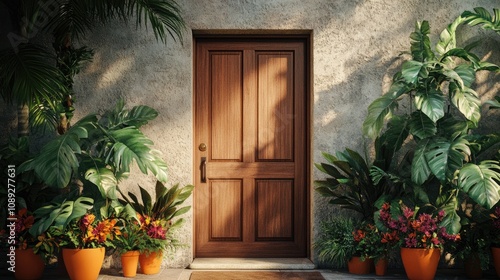 Welcoming entrance featuring a classic wooden door framed by lush potted plants and colorful flowers, creating a warm and inviting atmosphere.