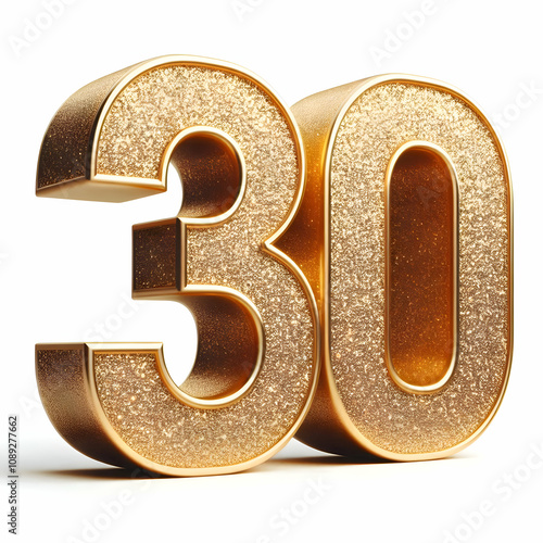 Golden 3d number 30 in glitter texture isolated on white background