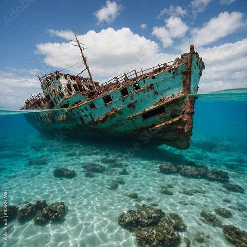 A shipwreck half-submerged in shallow turquoise waters with a white sky.