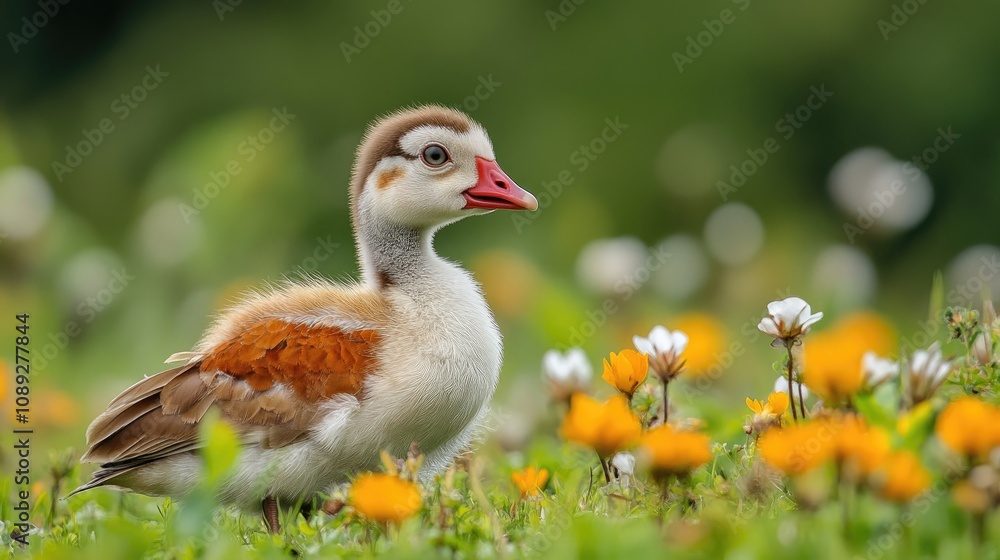 Egyptian goose chick in a vibrant spring meadow surrounded by colorful wildflowers, highlighting its distinctive features as a waterfowl. Egyptian goose chick in a vibrant spring meadow surrounded by colorful wildflowers, highlighting its distinctive features as a waterfowl.