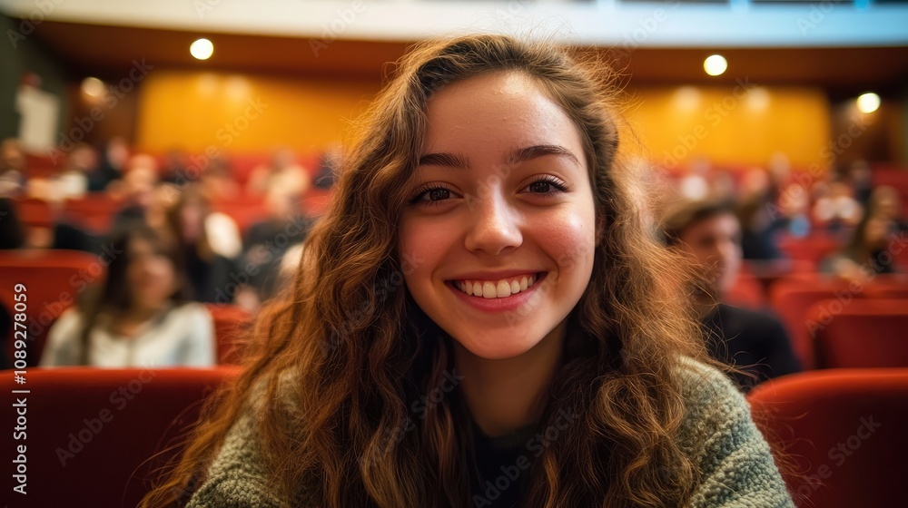 Smiling university student with curly hair sitting in an auditorium, engaging with the camera amidst a crowd of classmates during a lecture. Smiling university student with curly hair sitting in an auditorium, engaging with the camera amidst a crowd of classmates during a lecture.