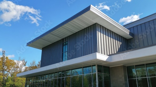 Contemporary building facade featuring gray zinc guttering, white PVC downspouts, and sleek soffit paneling against a clear blue sky. photo