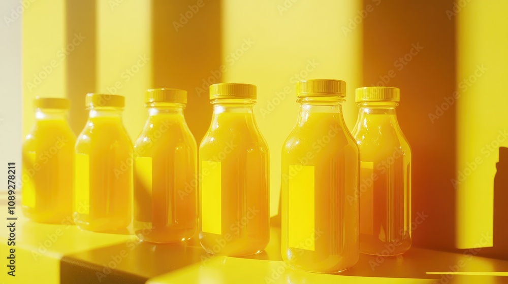 Bottles of vibrant orange juice arranged on a glossy surface with a bright yellow backdrop, highlighting freshness and healthy living. Bottles of vibrant orange juice arranged on a glossy surface with a bright yellow backdrop, highlighting freshness and healthy living.