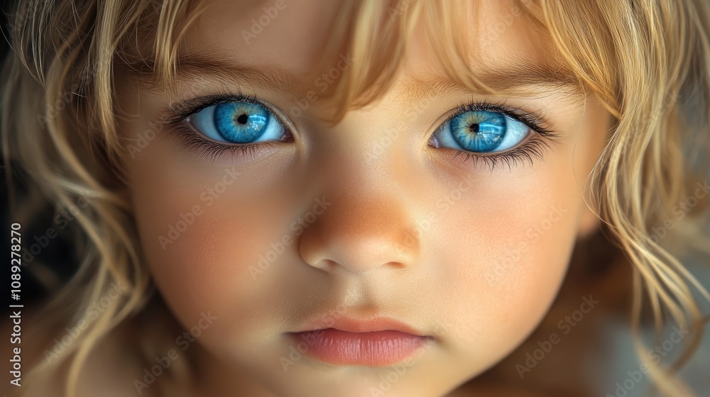 Captivating close-up of a young child with striking blue eyes and tousled blonde hair, showcasing an innocent and expressive gaze. Captivating close-up of a young child with striking blue eyes and tousled blonde hair, showcasing an innocent and expressive gaze.