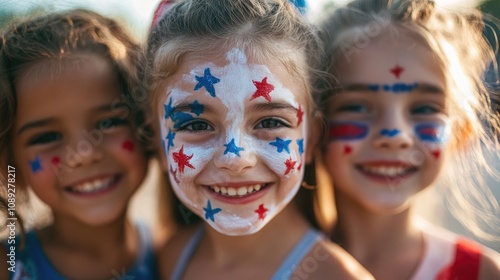 Young girls with cheerful expressions showcasing vibrant face paint adorned with red, white, and blue stars and stripes for a festive celebration.