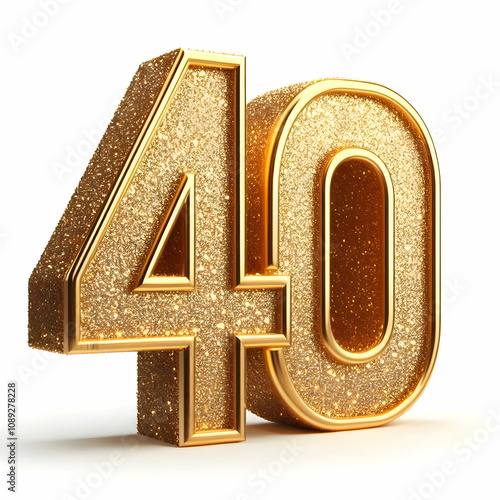 Golden 3d number 40 in glitter texture isolated on white background