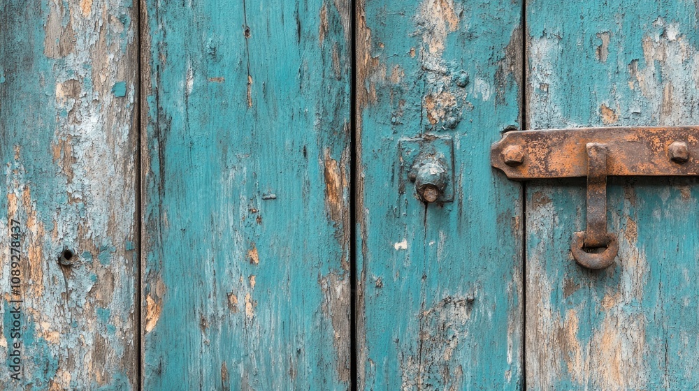 Close-up of a weathered wooden door featuring peeling teal blue paint and intricate textures, highlighting rustic charm and aged craftsmanship. Close-up of a weathered wooden door featuring peeling teal blue paint and intricate textures, highlighting rustic charm and aged craftsmanship.