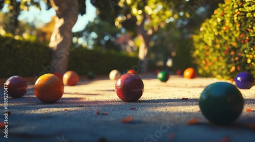 A vibrant bocce ball collides with precision, surrounded by colorful balls and a pallino, showcasing the competitive spirit of the outdoor game. photo