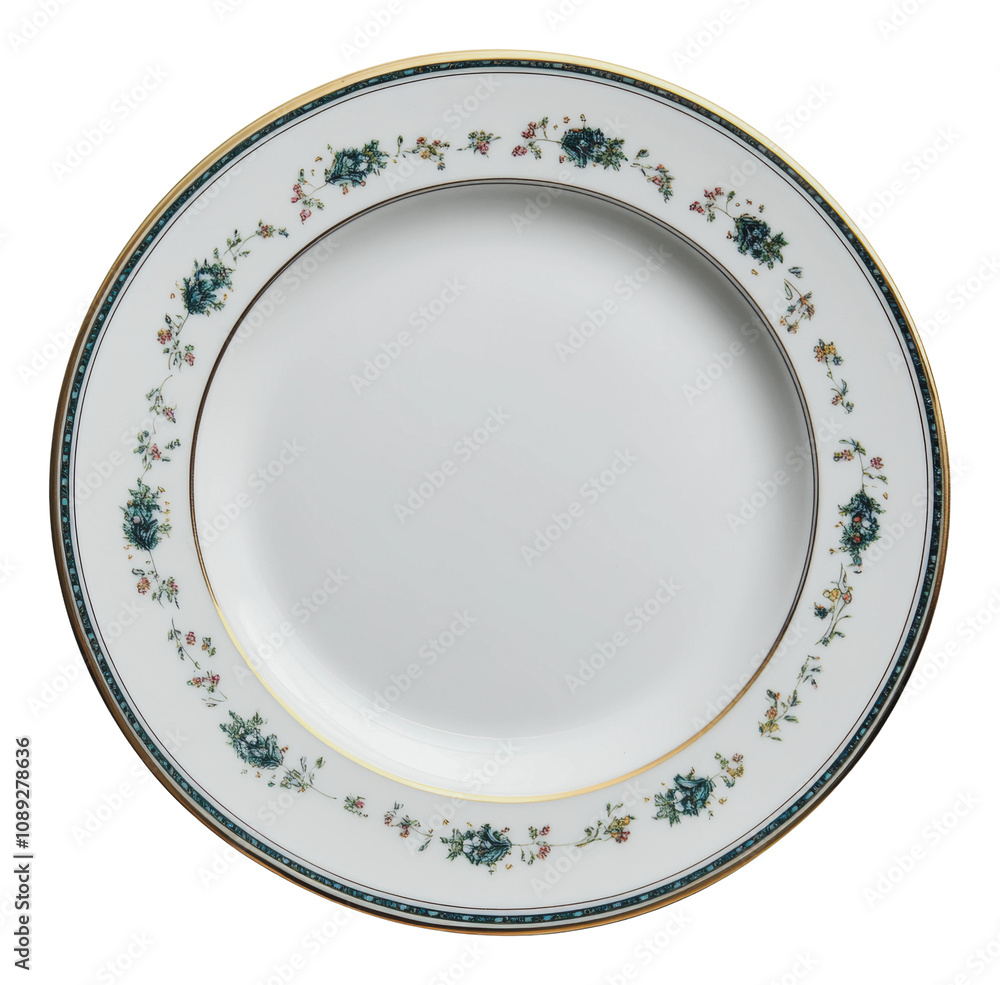 PNG White plate with floral design, gold rim PNG White plate with floral design, gold rim