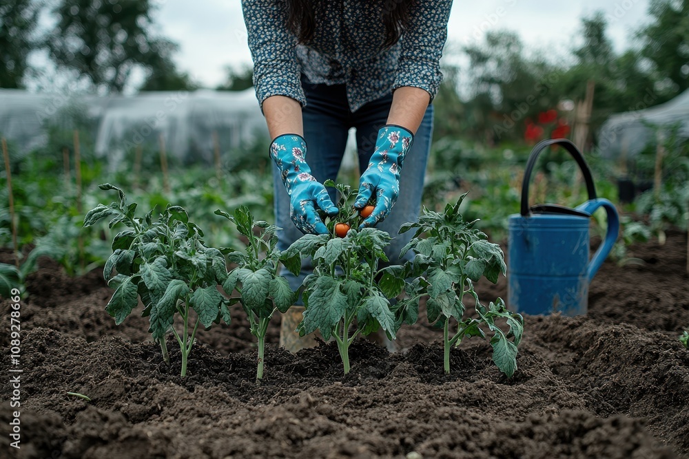 Fototapeta premium A close-up of a person in gardening gloves planting tomato seedlings in rich soil