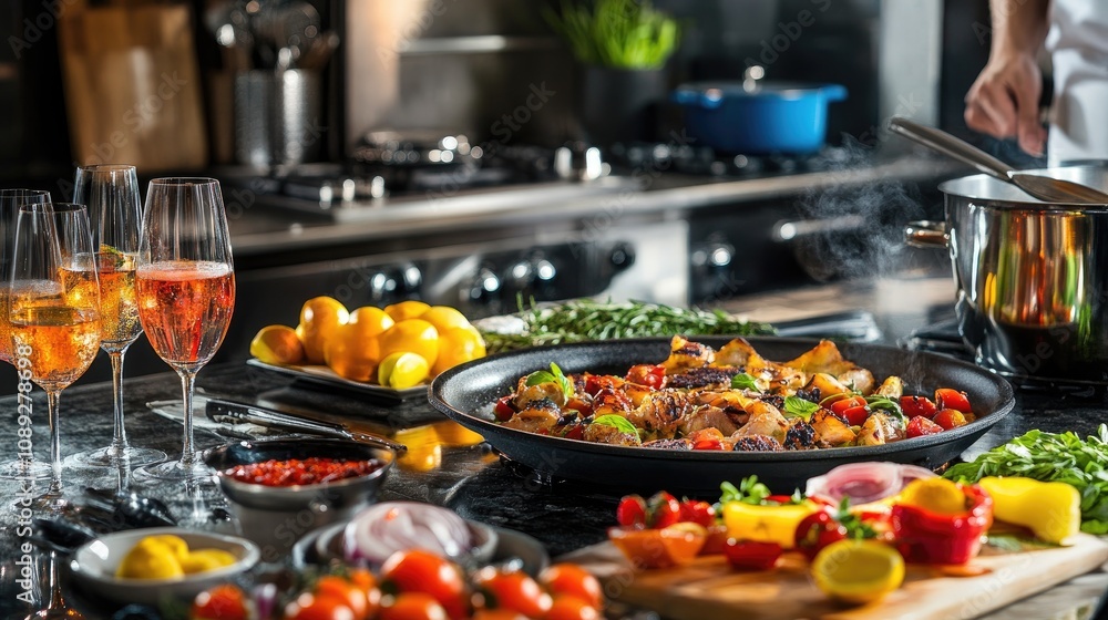 Chefs expertly prepare gourmet dishes in a modern kitchen, surrounded by vibrant ingredients and elegantly displayed glassware and appetizers. Chefs expertly prepare gourmet dishes in a modern kitchen, surrounded by vibrant ingredients and elegantly displayed glassware and appetizers.