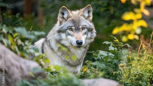 Regal adult male wolf gazing intently amidst lush greenery in a serene forest environment, showcasing its striking features and wild elegance. photo