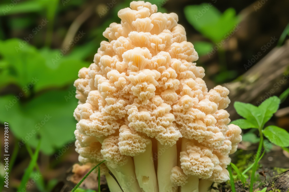This close-up image features a unique cluster of coral-like mushrooms, with a pale, creamy color and intricate, branching formations This close-up image features a unique cluster of coral-like mushrooms, with a pale, creamy color and intricate, branching formations