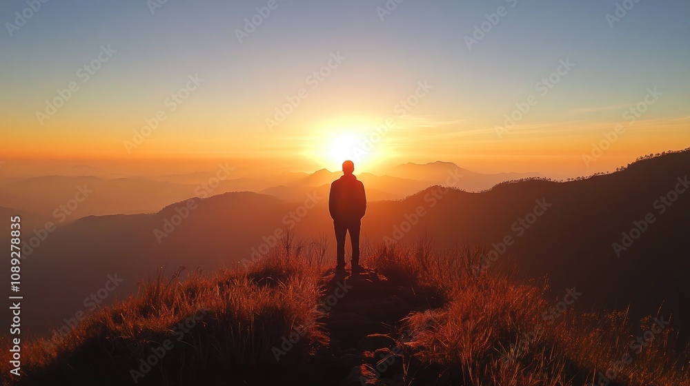 Fototapeta premium CEO Silhouette Overlooking Scenic Sunrise Amidst Mountain Landscape and Rich Horizon Displaying Growth Opportunities