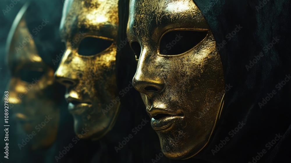 Golden theatrical masks adorned with intricate textures and concealed by dark fabrics, embodying a mysterious, futuristic aesthetic for performances. Golden theatrical masks adorned with intricate textures and concealed by dark fabrics, embodying a mysterious, futuristic aesthetic for performances.
