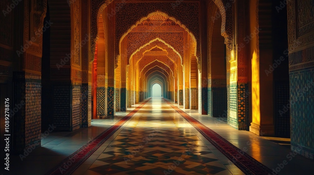 A breathtaking mosque interior showcasing intricate architectural details illuminated by sunlight, creating a serene and spiritual atmosphere. A breathtaking mosque interior showcasing intricate architectural details illuminated by sunlight, creating a serene and spiritual atmosphere.