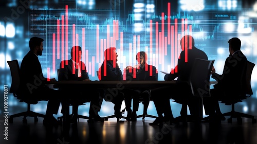 Silhouetted professionals in a board meeting with digital graphs. Conceptual image representing collaboration and data analysis in modern business environments.