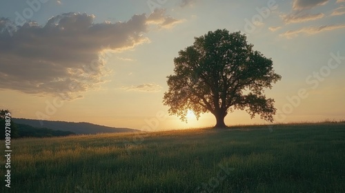 Fototapeta Naklejka Na Ścianę i Meble -  Solitary oak tree silhouetted against a colorful sunset in a tranquil countryside meadow, capturing the essence of a serene summer evening.
