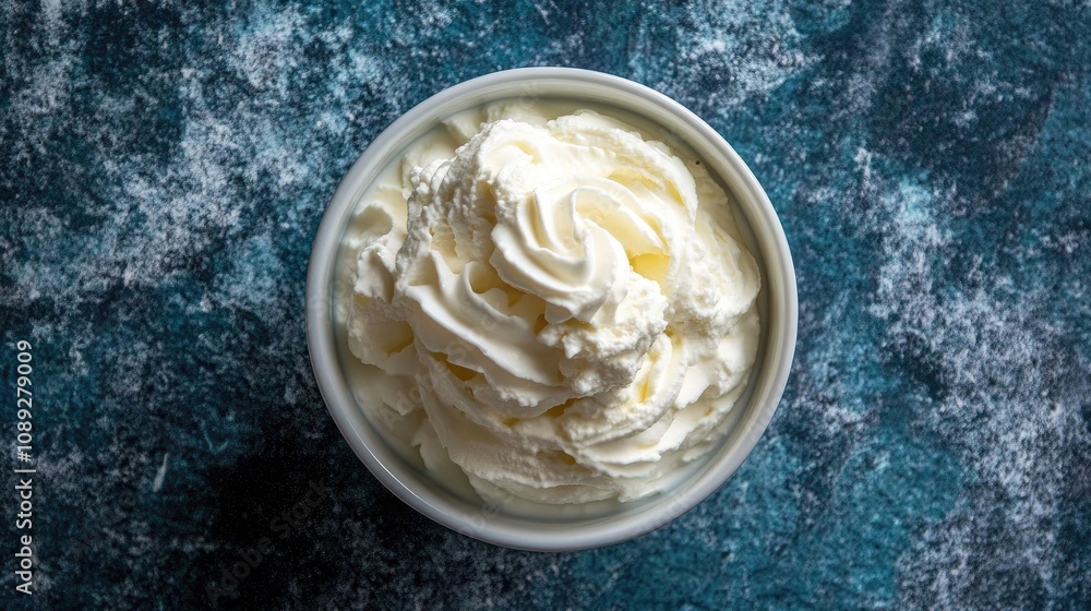 Creamy homemade Greek yogurt swirls in a white bowl on a textured blue stone background, viewed from above with a smooth, rich texture. Creamy homemade Greek yogurt swirls in a white bowl on a textured blue stone background, viewed from above with a smooth, rich texture.